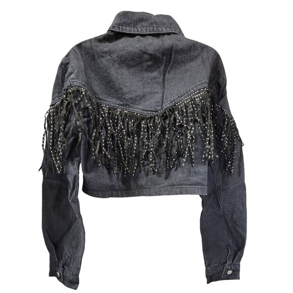 Baevley Crop Denim Jacket Black With Studded Fringe Womens Med New in Bag - Picture 2 of 9